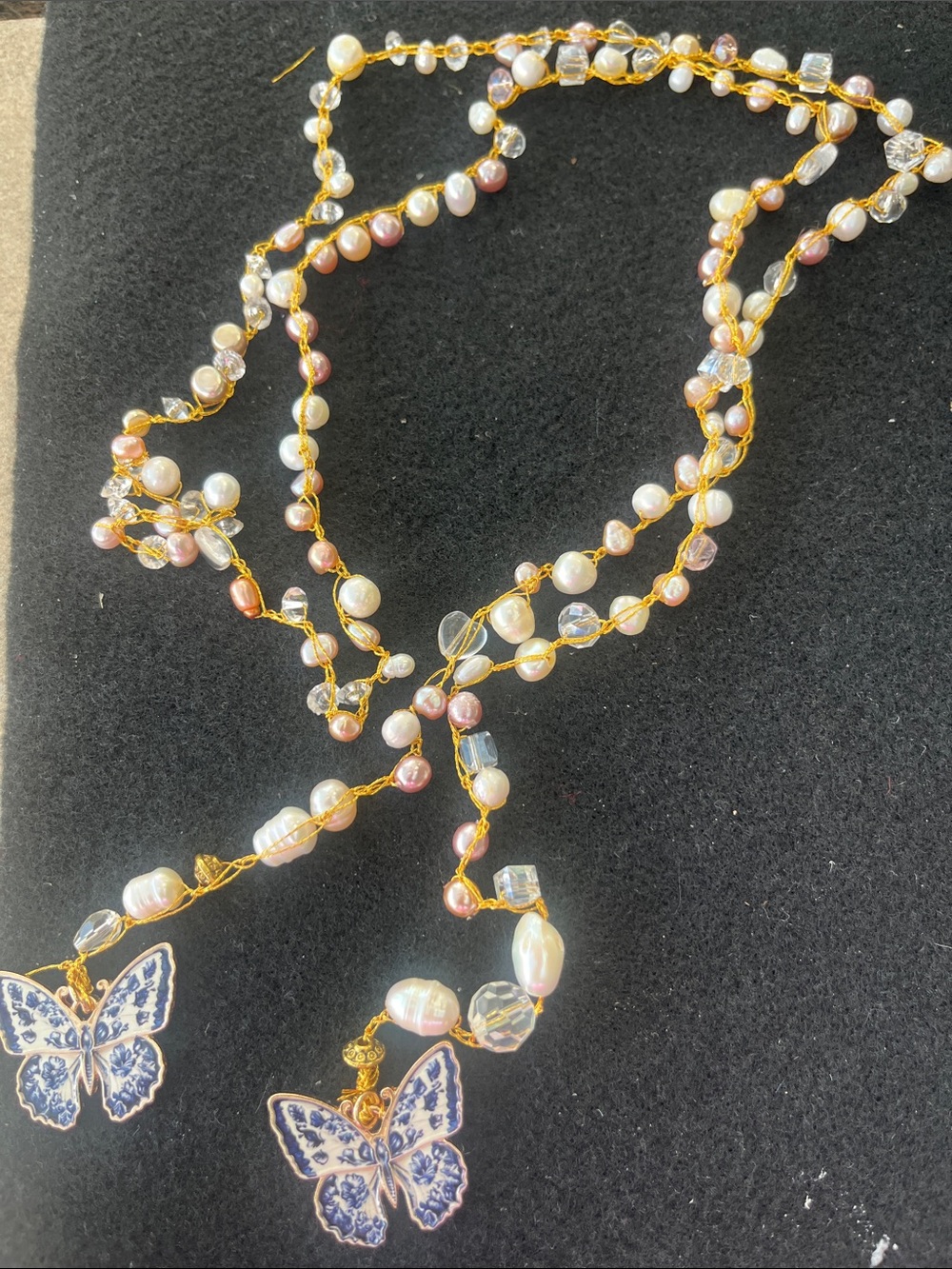 Handcrafted Gold Pearl Lariat Necklace with Blue Butterfly Charms